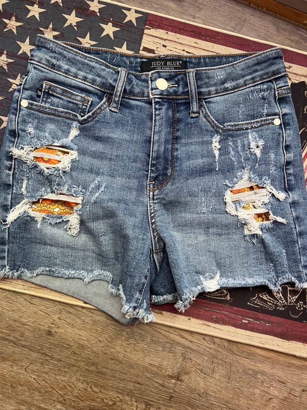 Judy Blue Medium Wash Distressed Denim Shorts with Orange Patch Detail